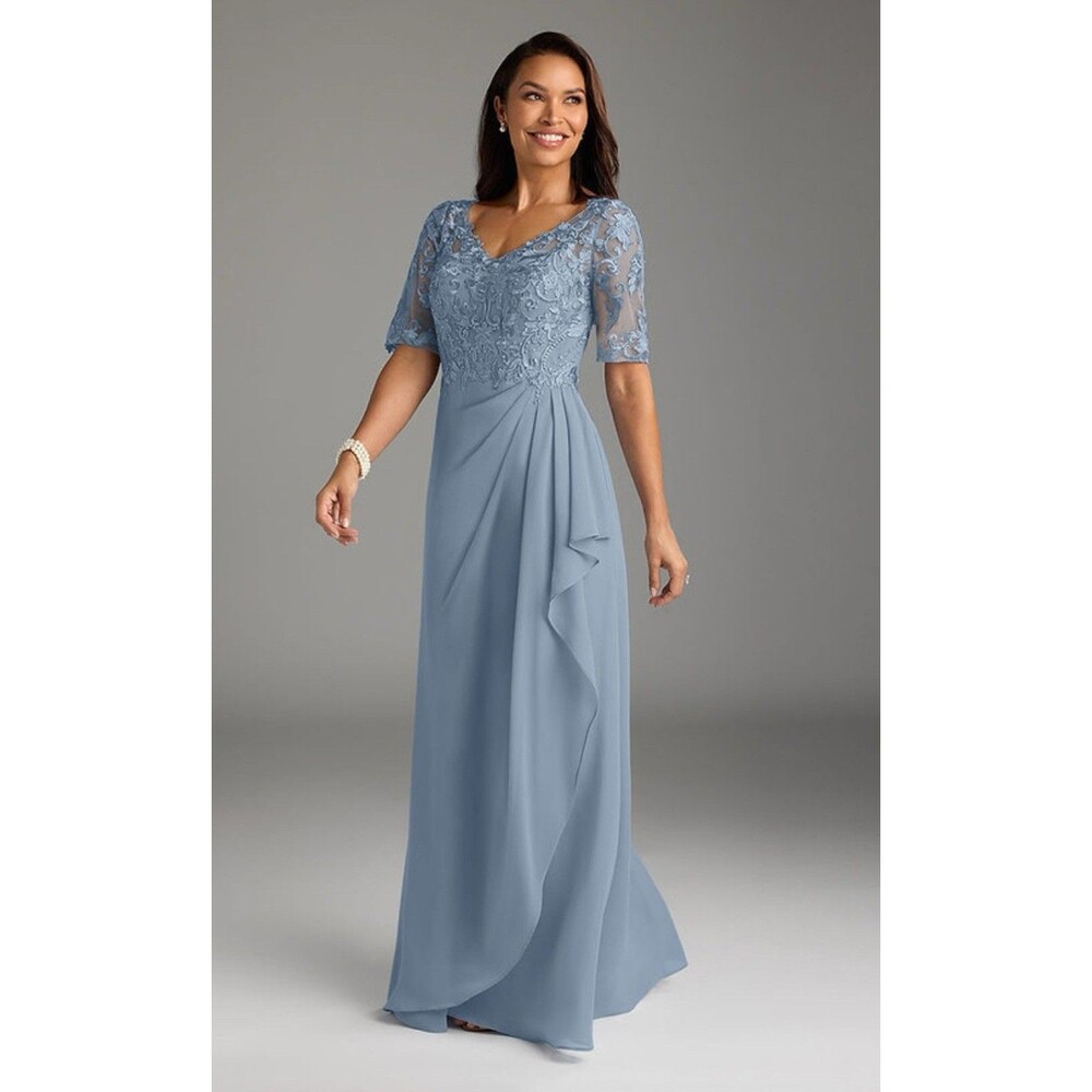 Azazie Dusty Blue A Line V- Neck Dress Gown Size 6